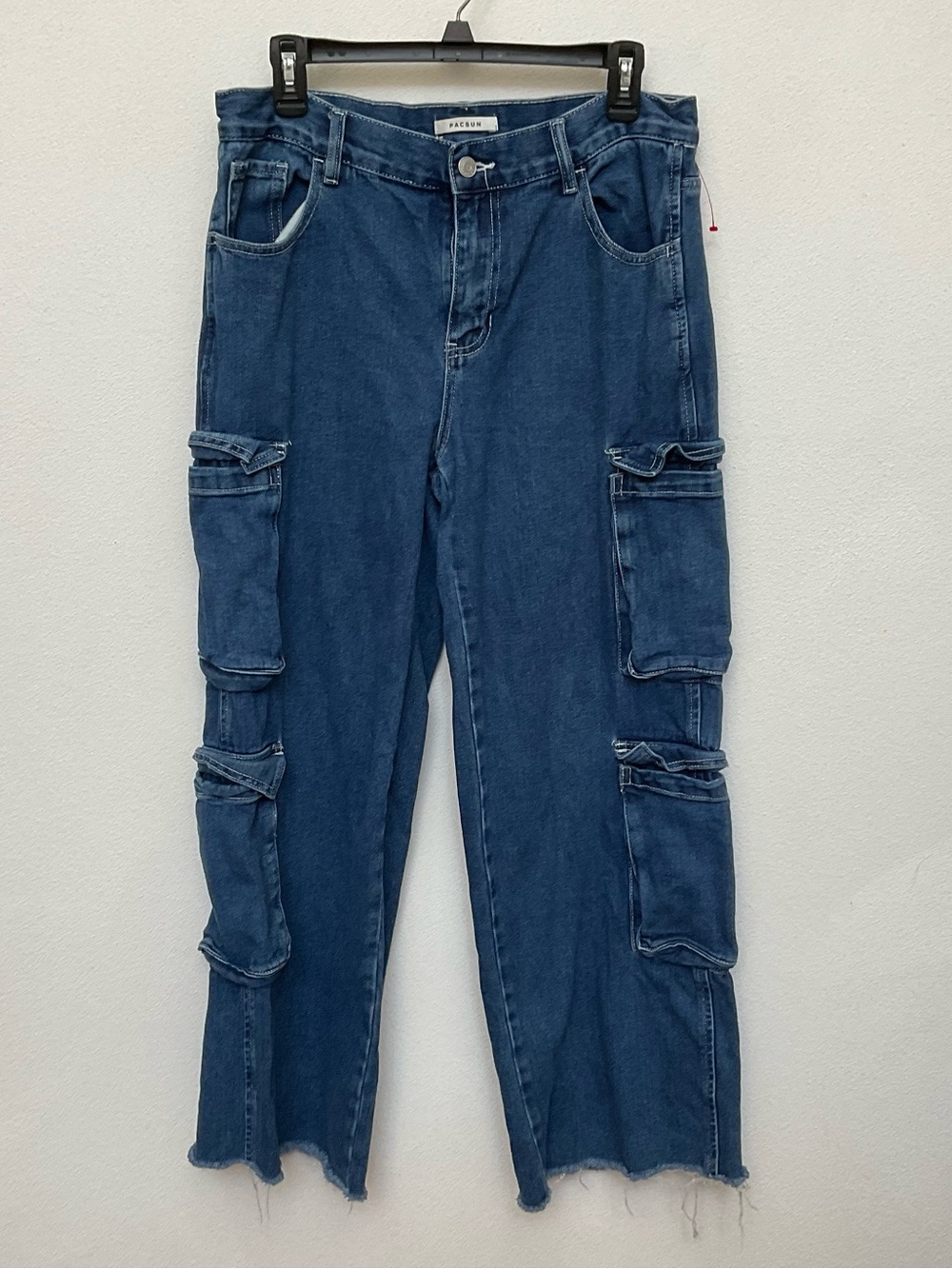 Pacsun Mid/Dark Wash 90s Baggy Cargo Jeans Raw Hem Size 28 Loose